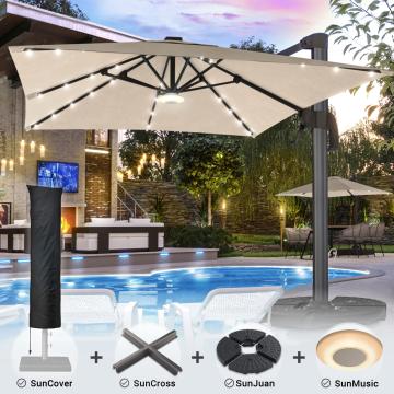 SUN LUIS | Parasol | Square | B:T 300 x 300 cm | Taupe | LED | +Stand, Music Box & Cover