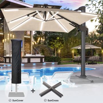 SUN PIETRO | Parasol | Square | B:T 300 x 300 cm | Taupe | LED | +Stand & Cover