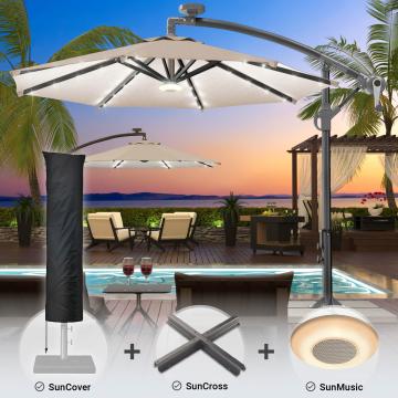 SUNSET | Parasol | Rond | Ø 300 cm | Taupe | LED | +Support & Housse