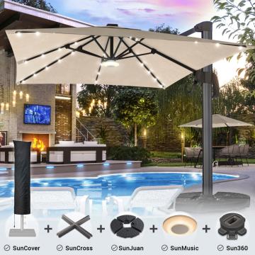 SUN LUIS | Parasol | Square | B:T 300 x 300 cm | Taupe | LED | +Stand, Swivel base, Music Box & Cover