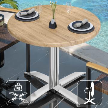 WTG | Bistro Außen Tisch | Ø:H 70 x 75,5 cm | Eiche / Aluminium | Rund | Klappbar + Zusatzgewicht