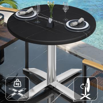 WTG | Bistro Außen Tisch | Ø:H 70 x 75,5 cm | Schwarz Marmor / Aluminium | Rund | Klappbar + Zusatzgewicht