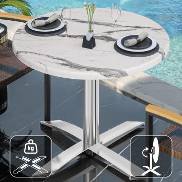 WTG | Bistro Außen Tisch | Ø:H 60 x 75,5 cm | Weiß Marmor / Aluminium | Rund | Klappbar + Zusatzgewicht